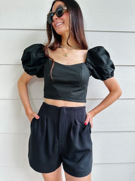AD | these high waisted shorts and puff sleeved top from Walmart are on trend and versatile! Both size small - shorts have a generous fit! 