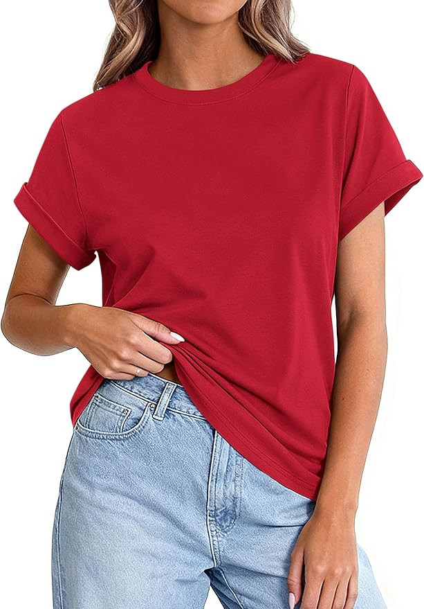 PRETTYGARDEN Womens Summer Tops 2026 Spring Casual Rolled Short Sleeve Basic Tees Crew Neck Work ... | Amazon (US)
