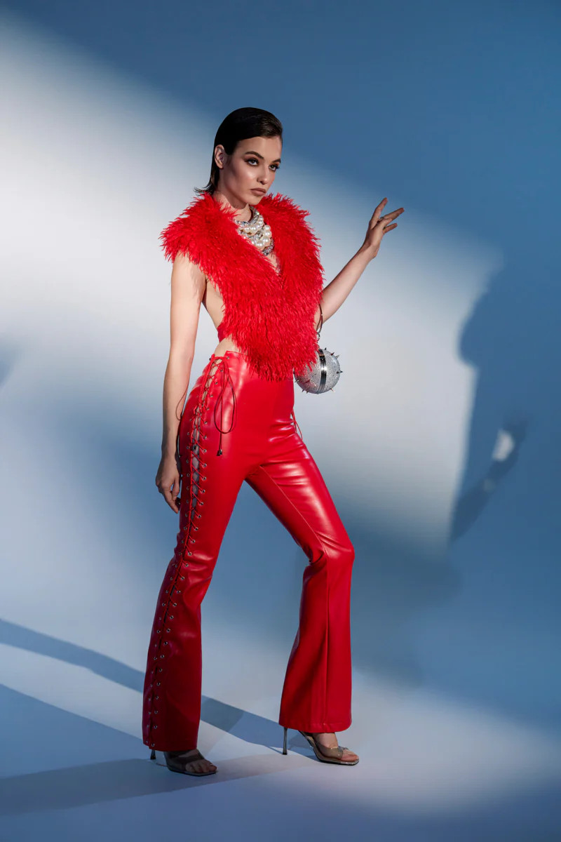 SEXY FAUX LEATHER RED LACE-UP PANTS | AKIRA