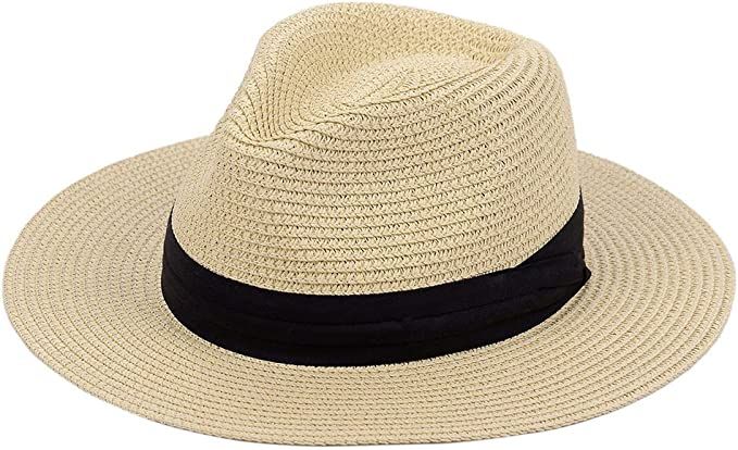 Panama Straw Hats for Women Summer Beach Sun Hat Wide Brim Fedora Cap UPF50+ | Amazon (US)