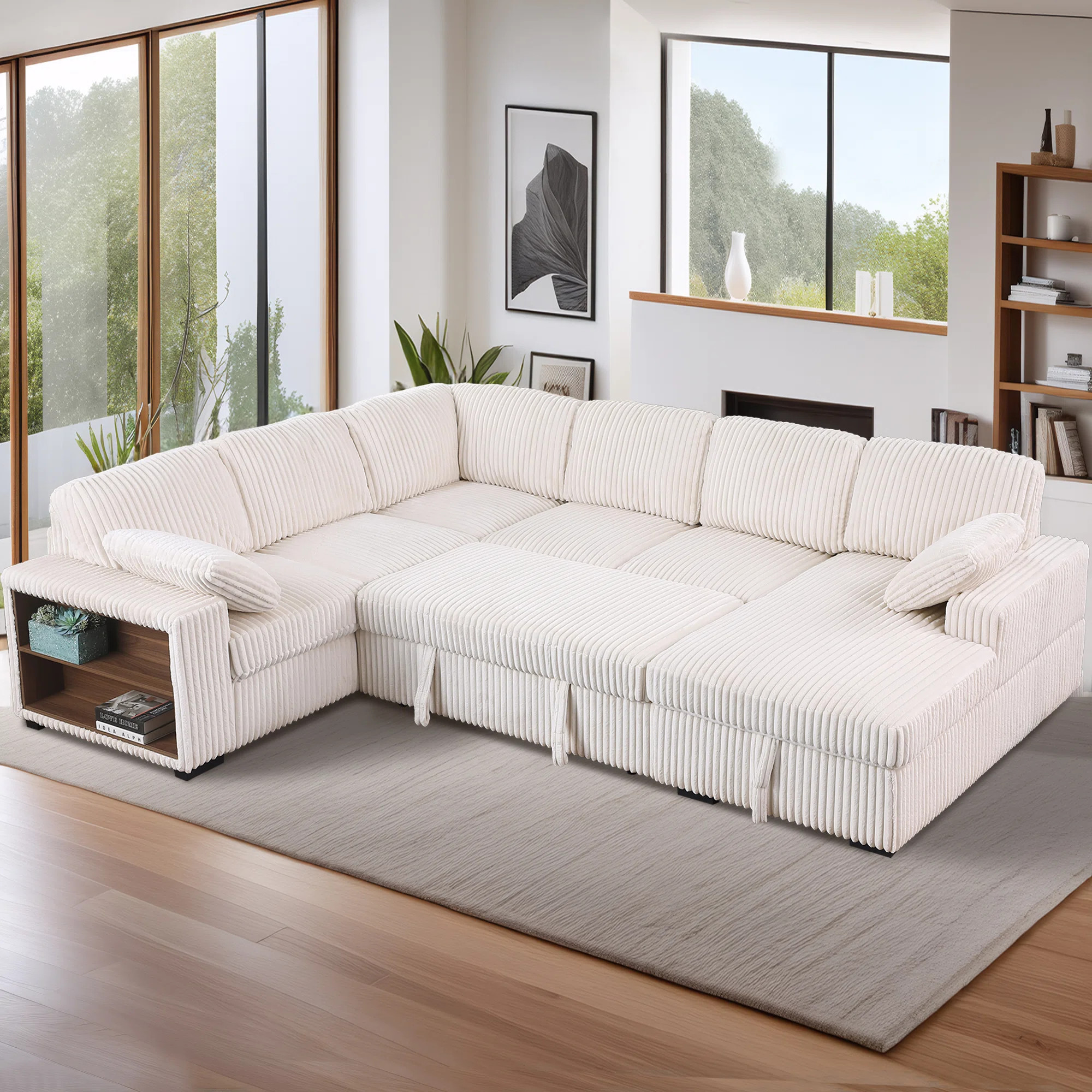 U-shaped Corduroy Sectional Sofa Bed Pull Out Sleeper with Large Storage Chaise and Armrest Stora... | Wayfair North America