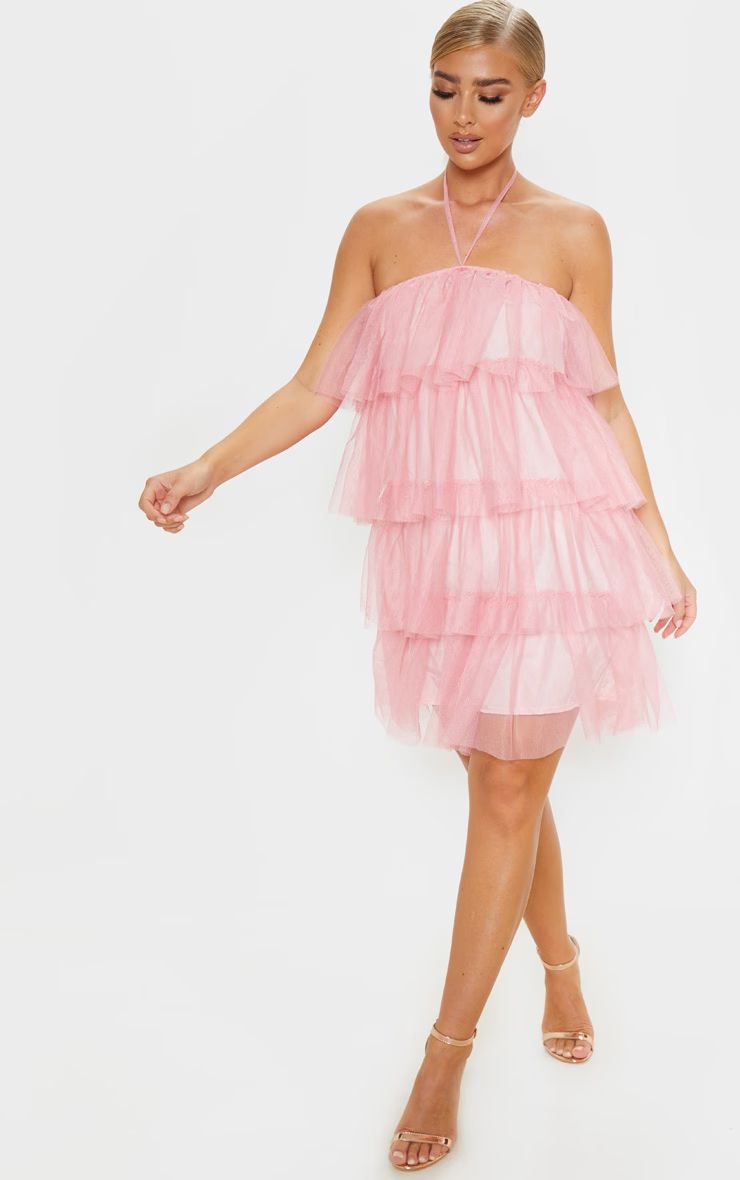Dusty Pink Halterneck Mesh Layered Shift Dress | PrettyLittleThing US