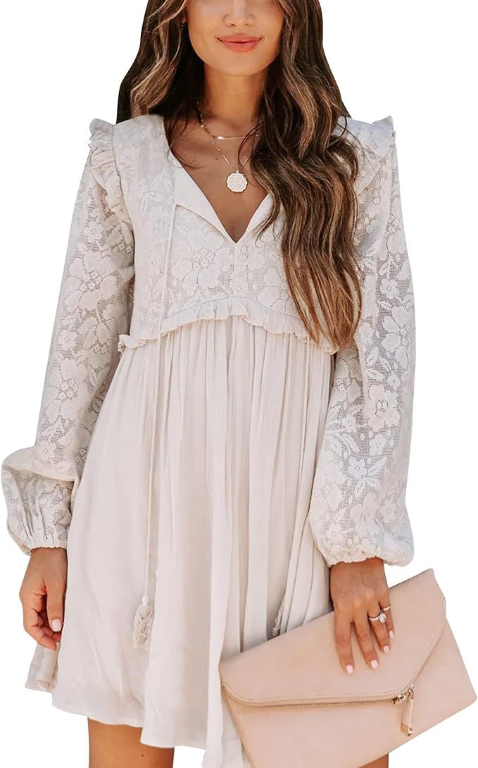 PRETTODAY Women's Floral Lace V Neck Tunic Dress Long Sleeve Ruffle Swing Babydoll Short Mini Dre... | Amazon (US)