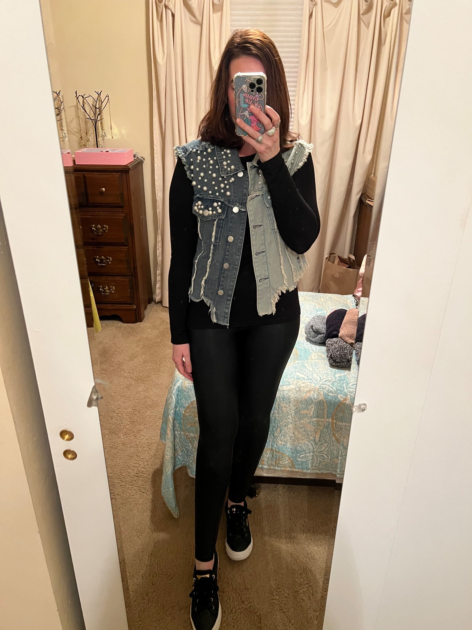 Embellished denim vest (small). Black faux leather leggings (small). Black and white sneakers (8.5). #vest #denimvest #leggings #fauxleatherleggings #blackleggings #sneakers #blacksneakers #summeroutfits #casualoutfit Summer Outfits 

#LTKStyleTip #LTKFindsUnder100 #LTKSummerEdit