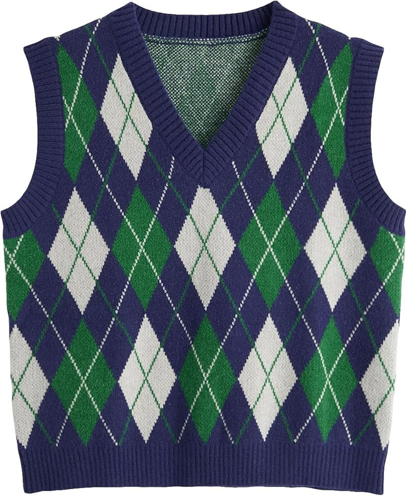 SweatyRocks Women's Plaid Geo Sleeveless V Neck Knit Crop Top Sweater Vest | Amazon (US)