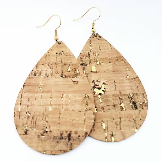 Cork earrings gold teardrop vegan Natural cork with gold -Ready to ship! pick your size | Etsy (US)