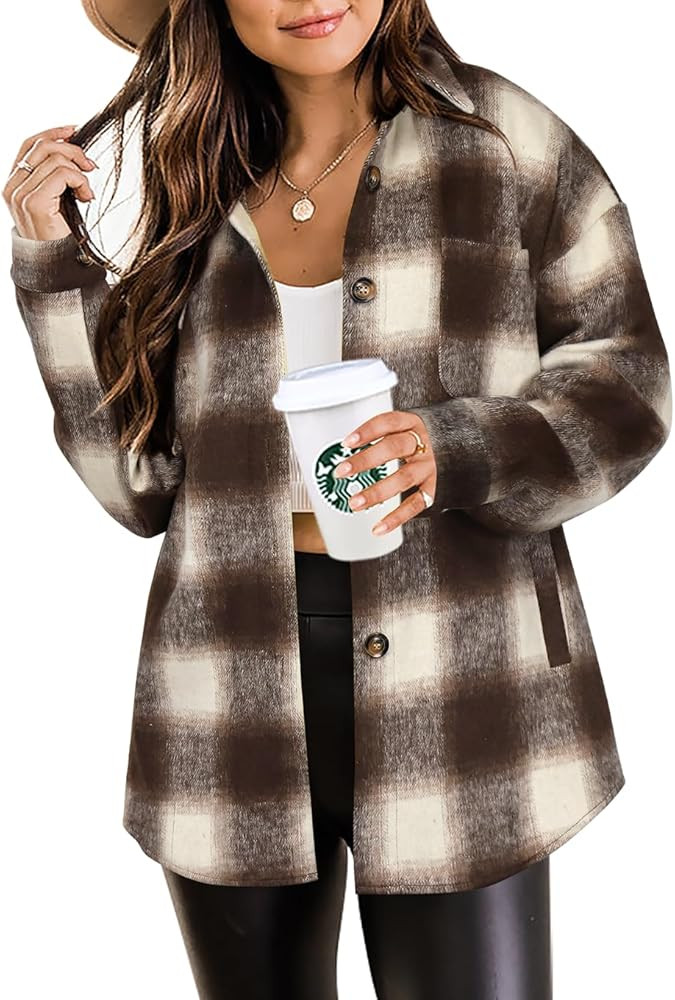 Beaully Women's 2024 Fall Clothes Plaid Shacket Jacket Long Sleeve Button Down Flannel Shirts Fas... | Amazon (US)
