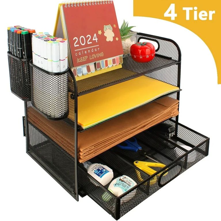 PHANCIR 4-Tier Desk Organizer with Drawer, Office Supplies and Organizers Metal Mesh Desktop File... | Walmart (US)