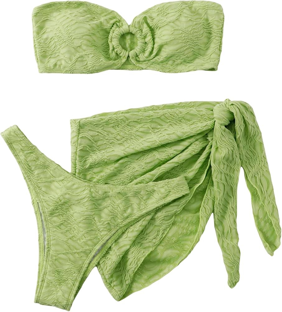 MakeMeChic Women's 3 Piece Swimsuit Ring Linked Bandeau High Cut Bikini with Cover Up Skirt Set | Amazon (US)