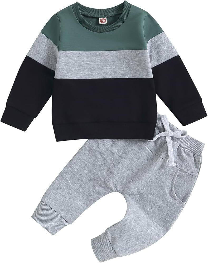 Kupretty Toddler Baby Boy Fall Winter Clothes Color Block Long Sleeve Sweatshirt Pullover Tops + ... | Amazon (US)