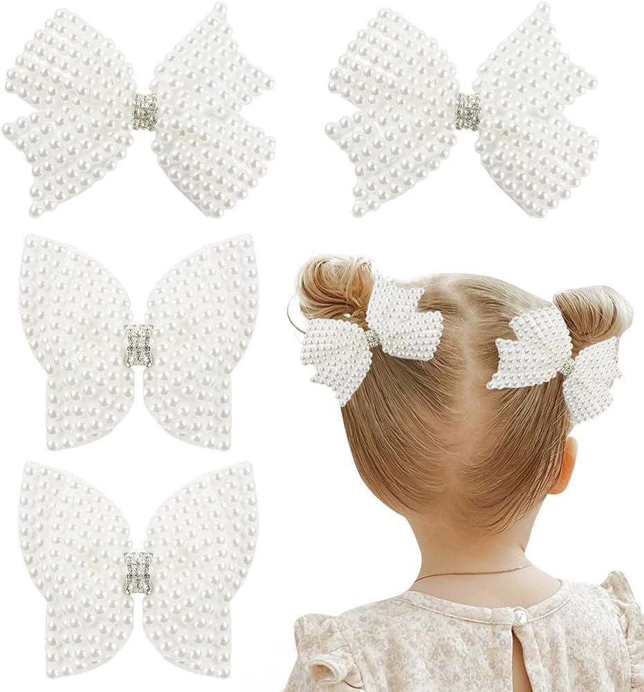 4Pcs Pearl Hair Bows for Girls, White Butterfly Flower Hair Bow Clip Wedding Hair Accessories for... | Amazon (US)