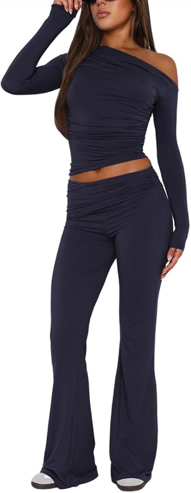 Women’s 2 Piece Lounge Sets Long Sleeve Off Shoulder Crop Tops Fold Over Flare Pants Causal Y2k... | Amazon (US)