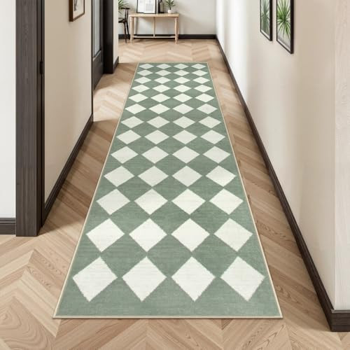 Lahome Checkered Washable 2x8 Green Runners for Hallways Non Slip, Ultra-Thin Kitchen Bathroom Runner Rugs, Moroccan Trellis Throw Carpet Runner for Bedroom Entryway Decor (2'x8',Green) | Amazon (CA)