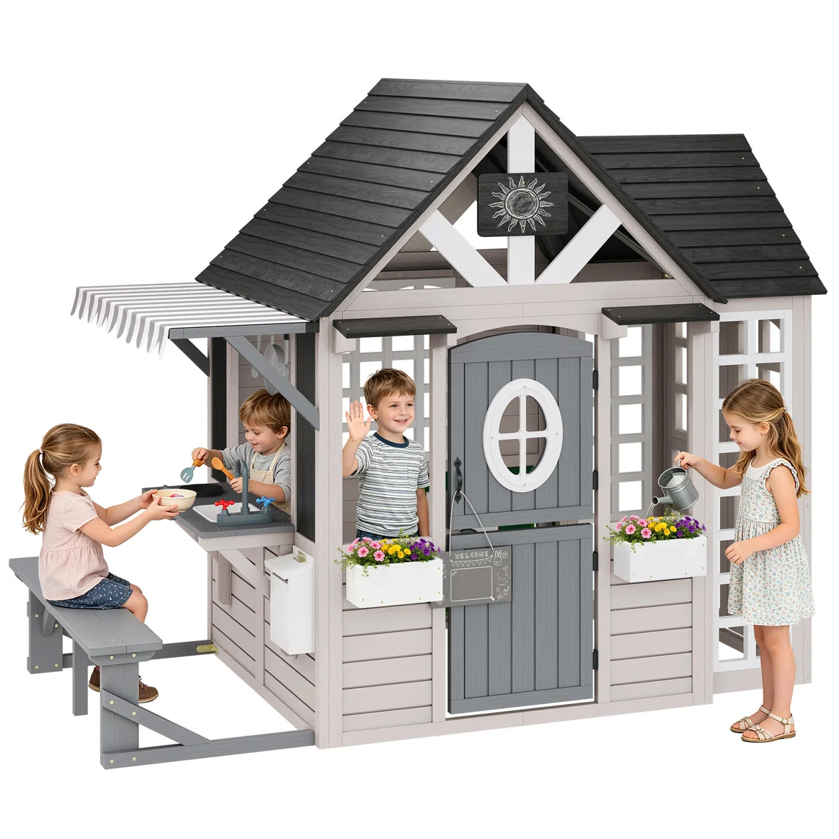 Outdoor Wooden Playhouse with Kitchen Playset, Bench, Chalkboard, Mailbox, Pet Door and Flower Bo... | Wayfair North America