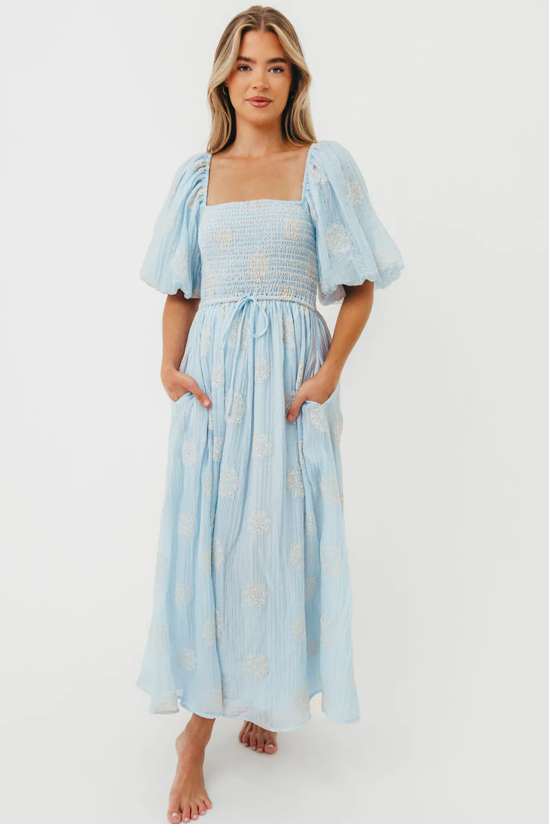 Aimee Smocked Embroidered Floral Midi Dress in Blue | Worth Collective