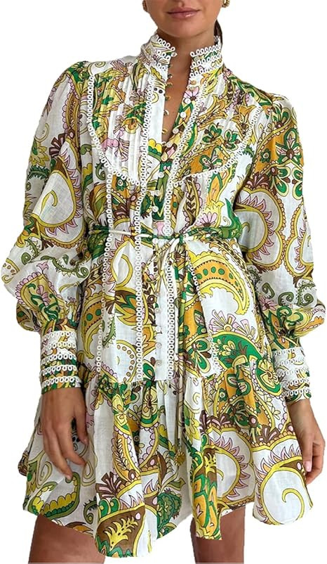 Women's Bohemian Floral Print Button Down Long Lantern Sleeve Shift Tunic Dress Casual Ruffle Swi... | Amazon (US)