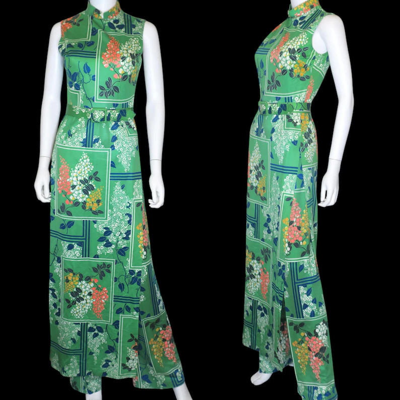Vintage George Gerring Miami 1970s Mandarin Collar Maxi Dress & Pants Set | Asian Inspired Floral... | Etsy (Global)