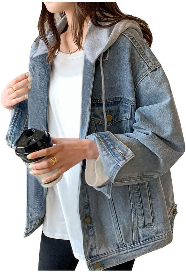 LifeShe Women's denim jacket with hood oversized distressed jean jackets hoodie | Amazon (US)