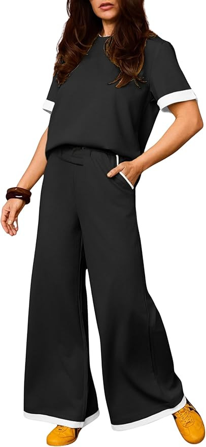 Tanming Women's 2 Piece Matching Lounge Set Short Sleeve Knit Pullover Tops Wide Leg Pants Tracks... | Amazon (US)