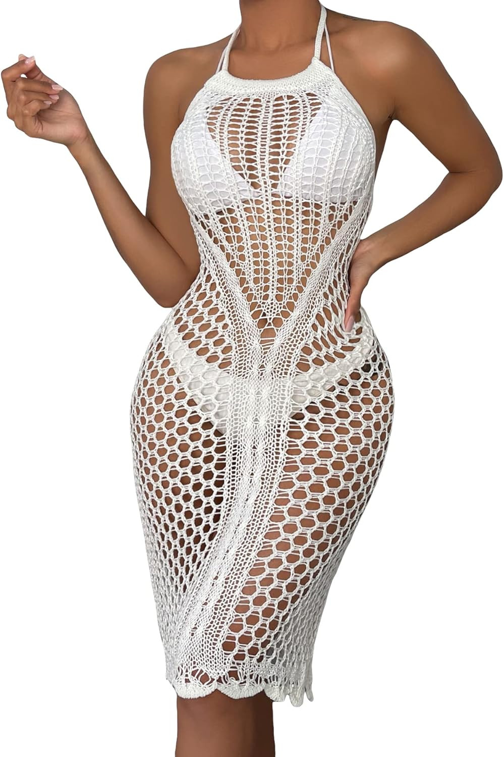 Milumia Women's Hollow Out Halter Tie Back Crochet Dress Backless Beach Cover Up | Amazon (US)