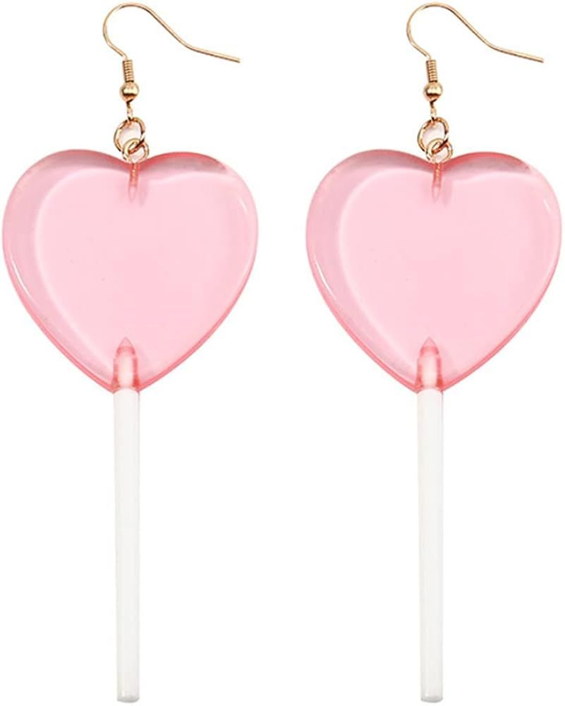 Sweet Cute Transparent Heart Candy Lollipop Earrings Funny Cartoon Heart-shaped Lollipop Drop Can... | Amazon (US)