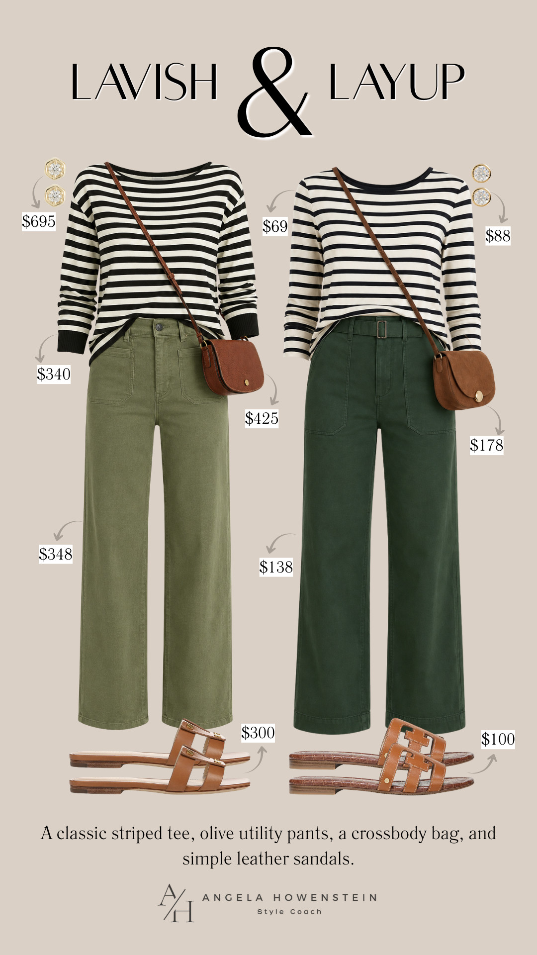 Love the look but not always the price tag? That's exactly why I love creating Lavish & Layup outfits. On one side, you'll find elevated investment pieces, and on the other, affordable alternatives that give you the same timeless feel. A classic striped tee, olive utility pants, a crossbody bag, and simple leather sandals prove that effortless style isn't about how much you spend, it's about choosing versatile pieces you'll wear again and again.

👩‍💻 LTK PRO TIPS
❤️ Heart = Support my posts ;-)
🔖 Save = Compare your favorite looks before you shop.
📋 Lists = Organize your favorites by budget.
📲 Share = Send this to a friend who loves a great fashion find.
💬 Comment = Are you choosing Lavish or Layup? 

 #LTKootd #LTKSeasonal #LTKOver40