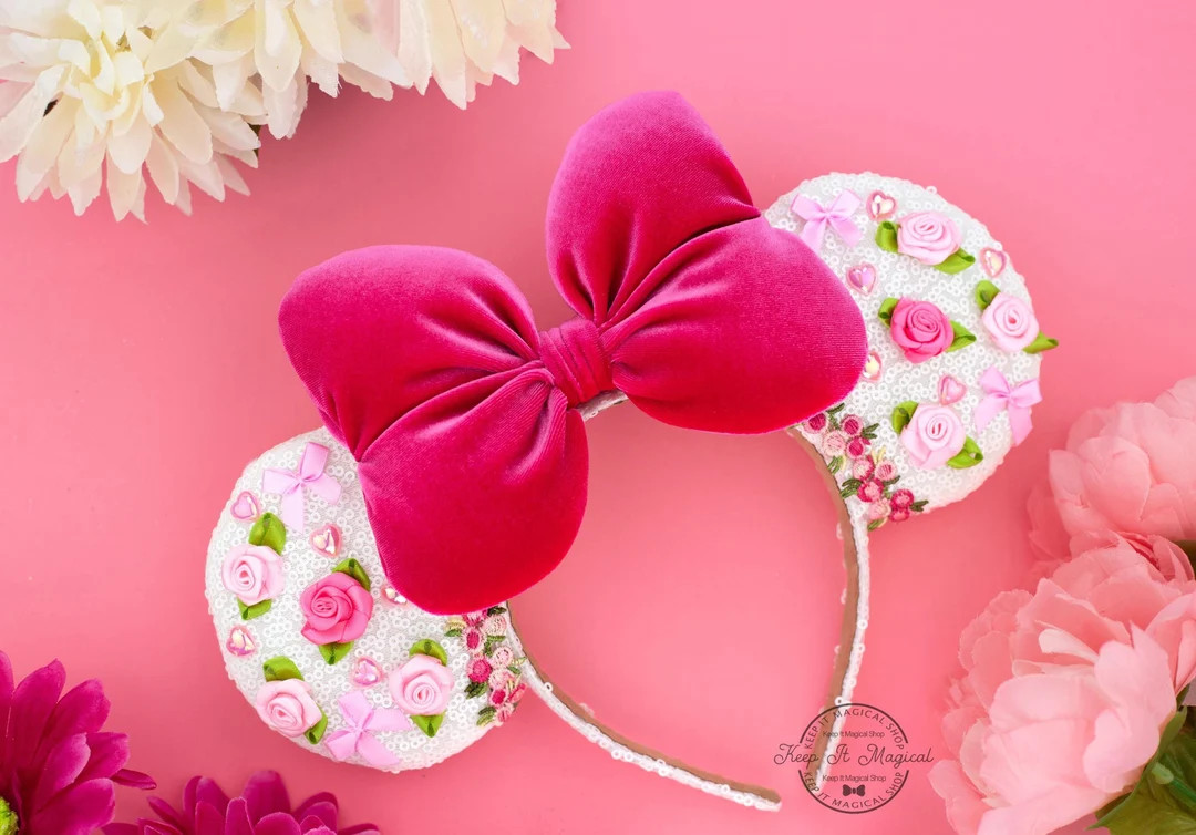 Pink Pearl Minnie Ears Flower Ears White Pearl Mickey Ears Floral Mickey Ears Pink Bow Velvet Ear... | Etsy (US)
