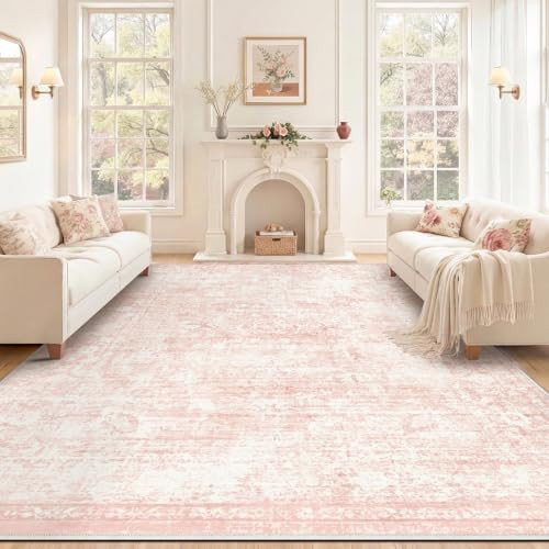 Homemate Washable Rug 8x10 Area Rugs - Vintage Faux Wool Rugs for Living Room Bedroom Dining Room - Non Slip Foldable Carpet Indoor Area Rug for Home Decor（8'x10', Pink | Amazon (US)