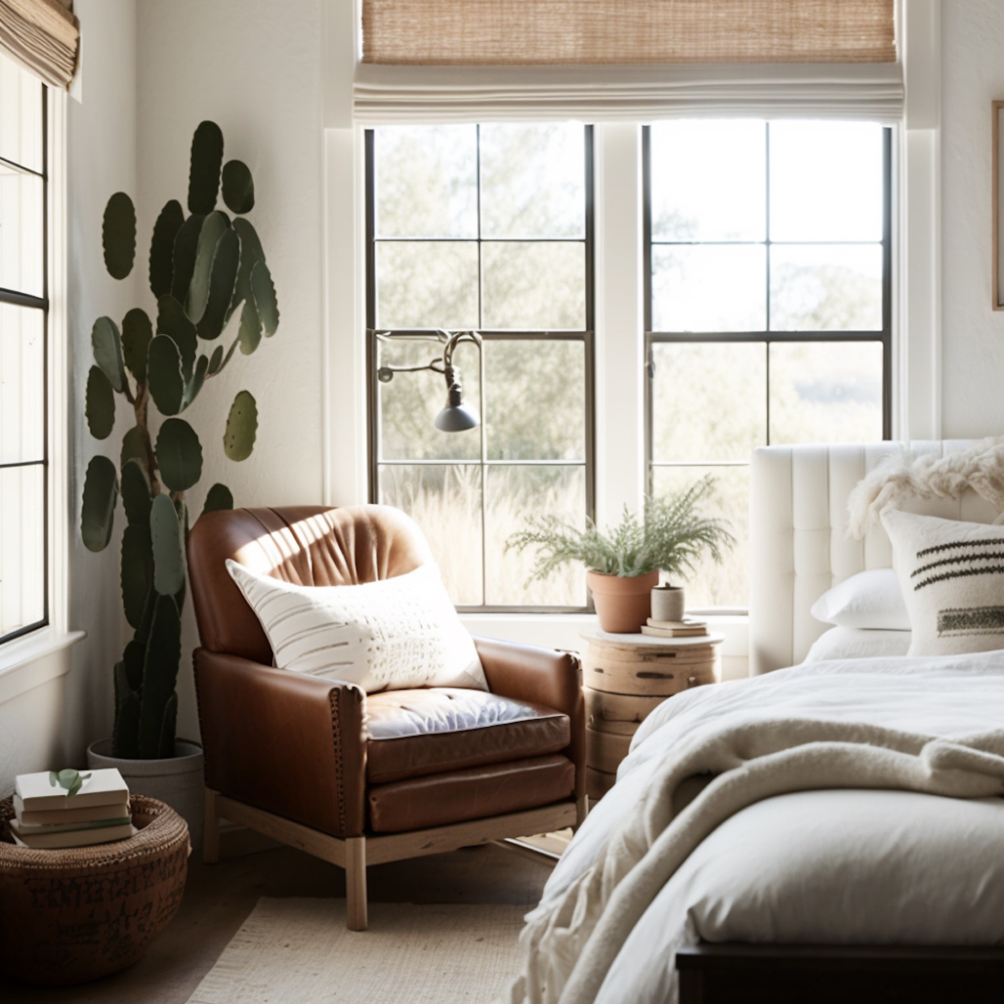 Embrace the serene morning ambience in this beautifully curated bedroom, featuring an inviting upholstered bed adorned with a luxurious linen duvet cover. The elegant black-framed windows create a striking contrast while allowing soft, natural light to gently illuminate the space. A sumptuous leather armchair offers the perfect spot for a relaxing morning read, surrounded by tasteful accents and warm, neutral tones that evoke a sense of tranquility and sophisticated comfort #LTK

#LTKhome #LTKFind