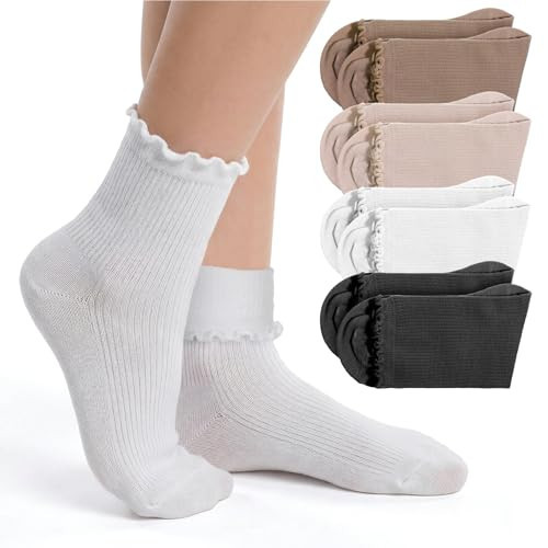 InnoHHustle 4 Pairs Womens Ruffle Socks, Cute Ruffle Frilly Turn Cuff Ankle Socks Breathable Knit Crew Sock Casual Solid Cotton Warm Sock for Women Girls | Amazon (US)