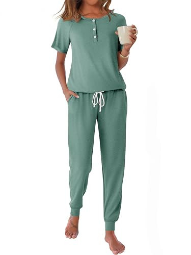 Ekouaer Womens Pajama Sets 2 Piece Pjs Short Sleeve Lounge Sets Joggers Pants Sleepwear Soft Outfits,Grey Green,S | Amazon (US)