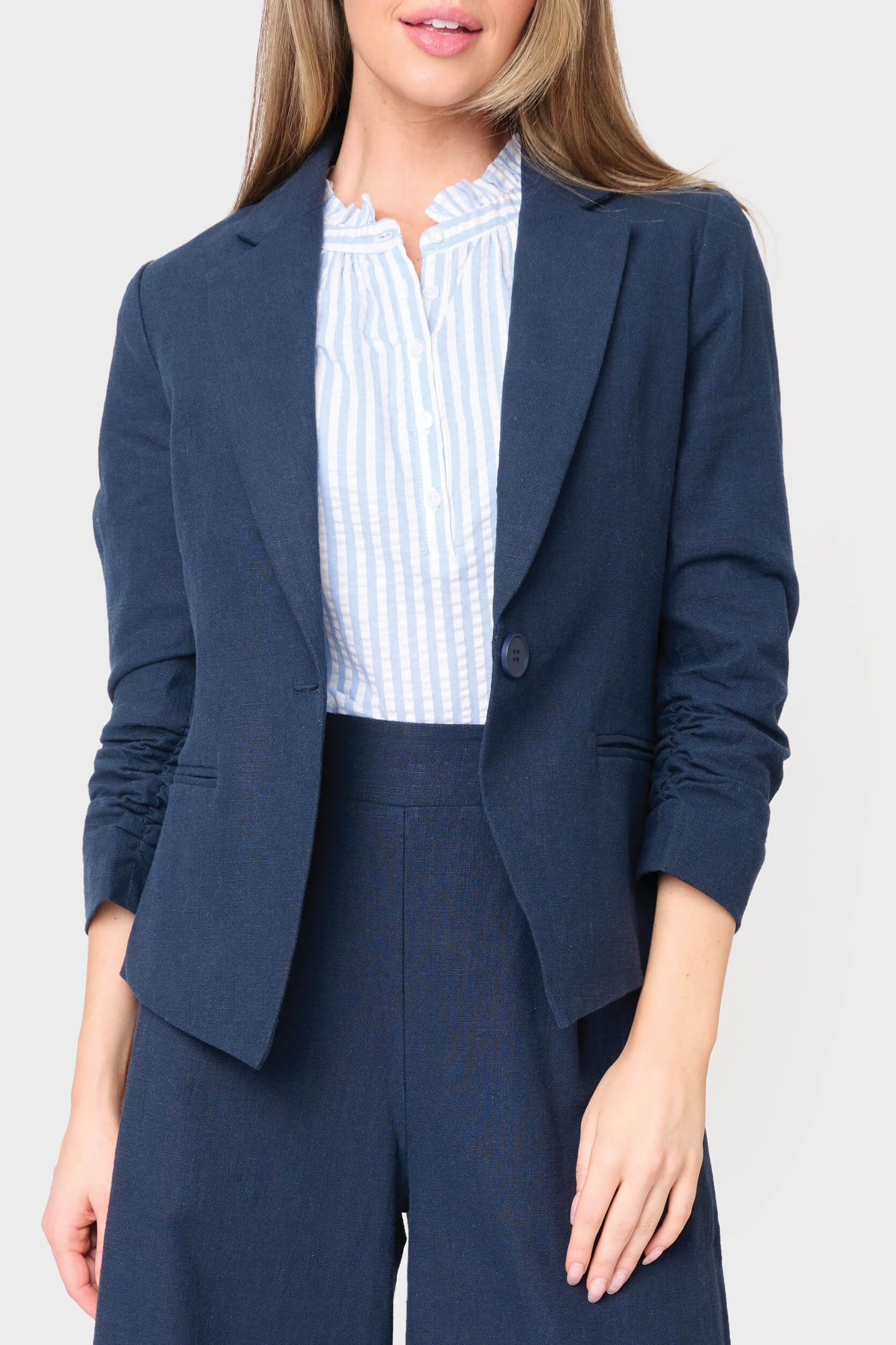 Notch Collar Linen Blazer with Rouched Sleeve | Gibson