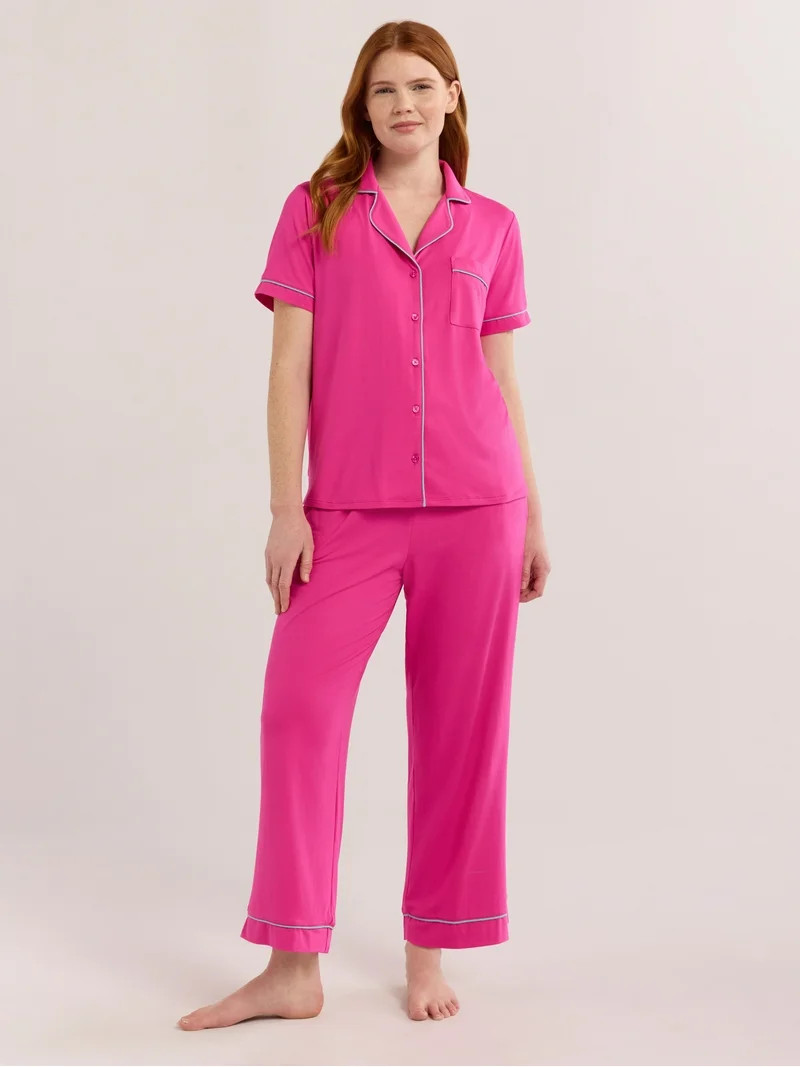 Joyspun Women's Notch Collar Short Sleeve Knit Top & Capri Pajama Set, 2-Piece, Sizes XS-3X | Walmart (US)