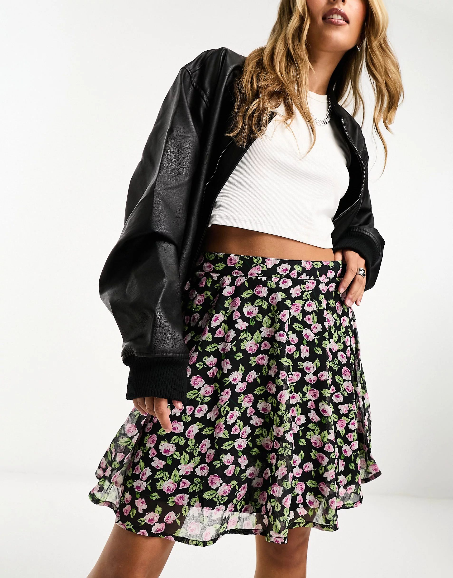 Wednesday's Girl ditsy floral flippy mini skirt in pink multi | ASOS (Global)