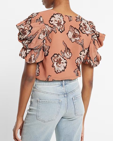 Floral Print V-Neck Puff Draped Sleeve Top | Express