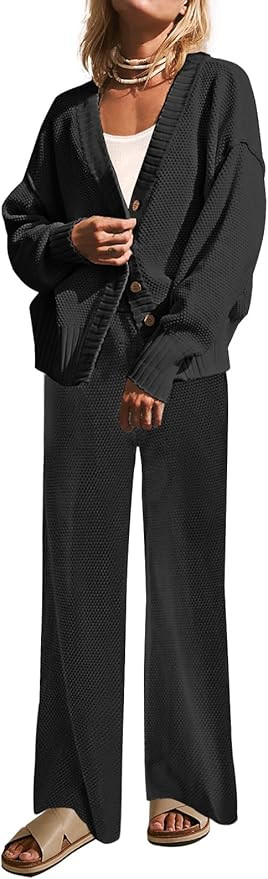 Womens Two Piece Outfits Sweater Sets Open Front Knit Cardigan and Wide Leg Pants Sweatsuit Loung... | Amazon (US)