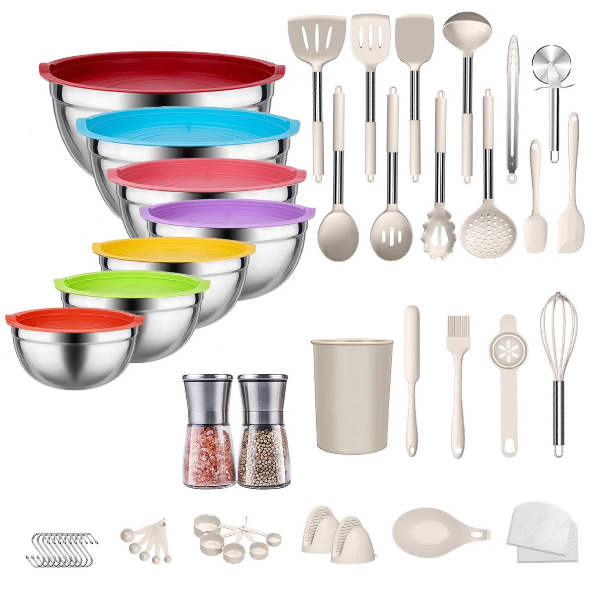 32-Piece Stainless Steel Cooking Utensil Set with 7-Piece Mixing Bowl Set with Lids | Wayfair North America