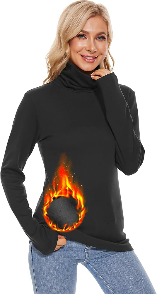 Fleece Lined Cotton Turtleneck Tops for Women Long Sleeve Thermal Shirts Layering Casual Fall Win... | Amazon (US)