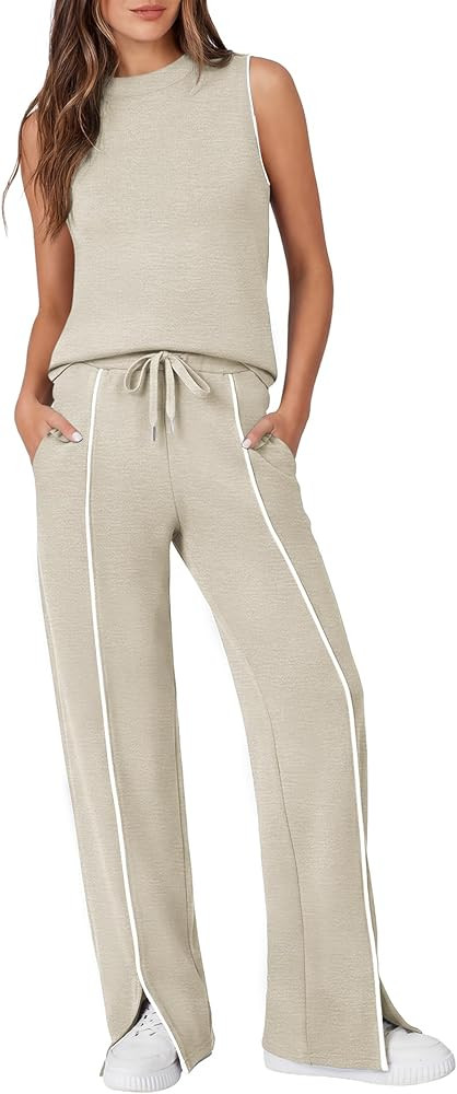 Casly Lamiit Two Piece Set for Women Summer Outfits Mock Neck Sleeveless Tank Top Wide Leg Pants ... | Amazon (US)