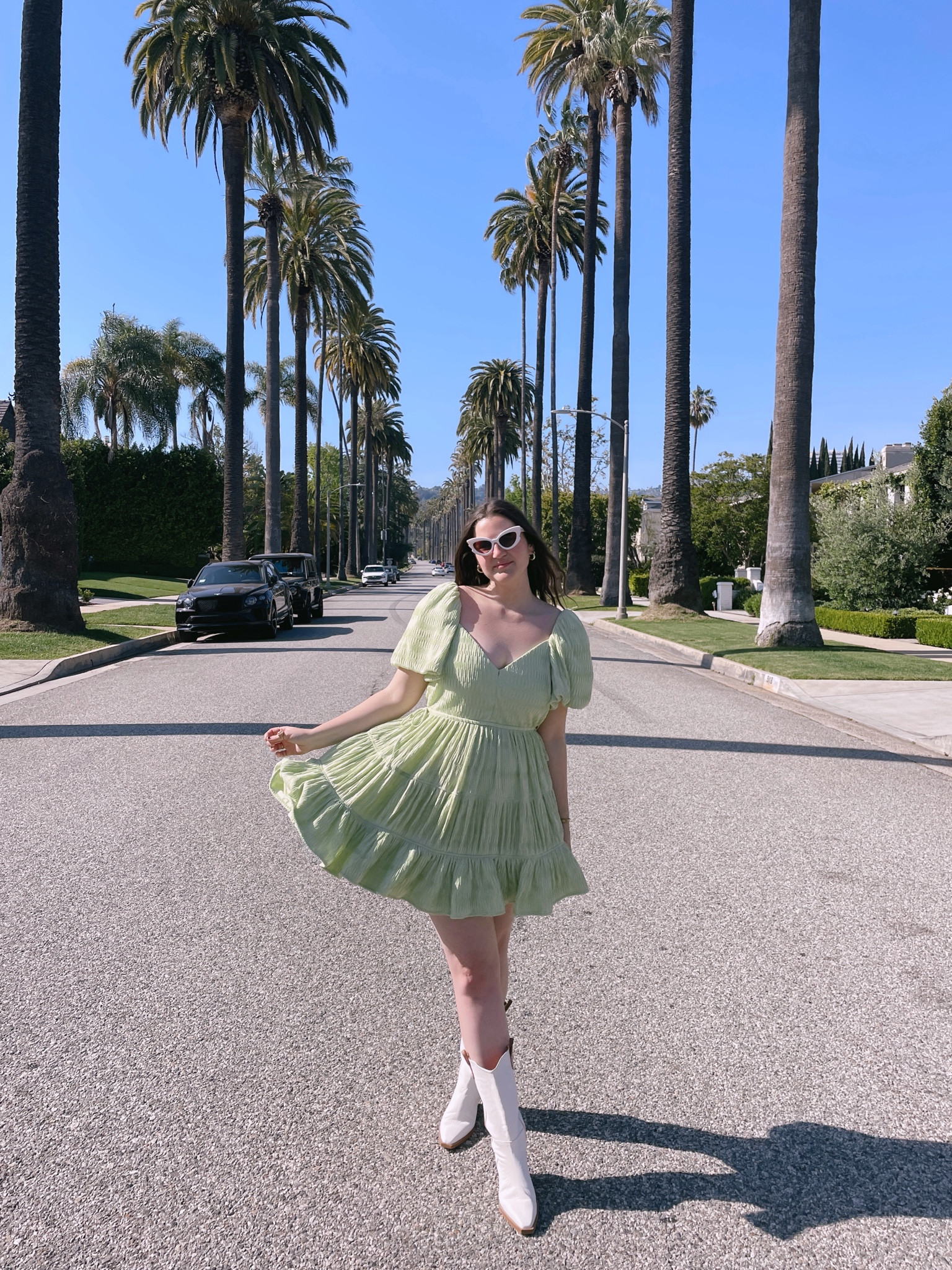 Revolve Cadence Variegated Mini Dress SIMKHAI, jonathan simkhai, spring / summer mini dress, pear / light green, cocktail dress, wear to work, office outfit, casual dress, sun dress, on sale now, puff sleeves, budget friendly, affordable, gold jewelry (rings, earrings) from amazon, round metal ray ban sunglasses, free people white boots, We The Free Montage Tall Boots, coastal cowgirl, western, Women's Cateye Scallop Wing Sunglasses - Agua Bendita x Target Cream

#LTKunder50 #LTKunder100 #LTKstyletip