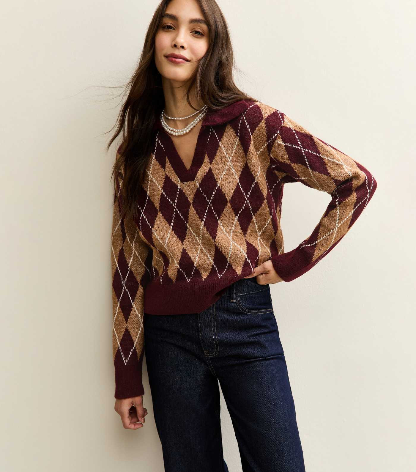 Red Argyle Knit Polo Collar Jumper | New Look | New Look (UK)