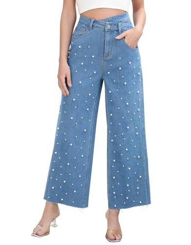 Kedera Pearl Jeans for Women Trendy High Waisted Corssover Boyfriend Raw Hem Denim Pants Sparkly Jeans Light Blue | Amazon (US)