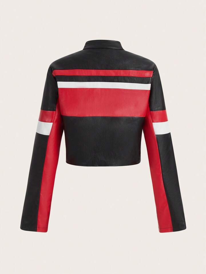 SHEIN Coolane 1pc Letter Graphic Colorblock Zip Up Crop PU Leather Jacket | SHEIN
