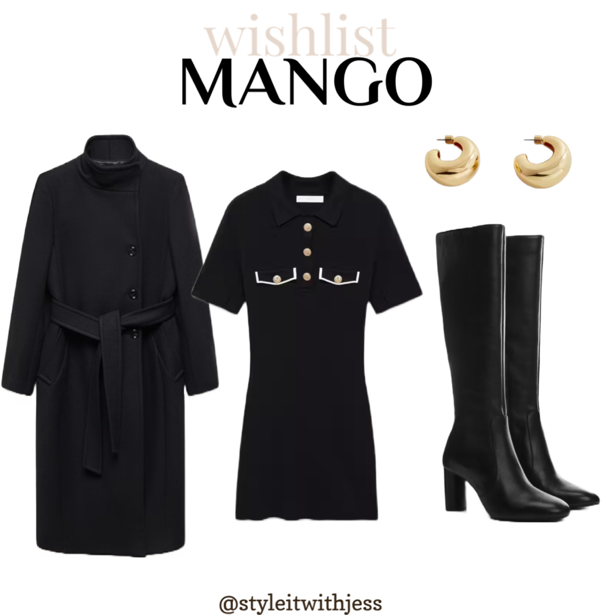 MANGO black elegant winter outfit 🖤✨ knit dress, black coat, black high knee boots, gold hoops ✨

#LTKstyletip #LTKSeasonal #LTKover40