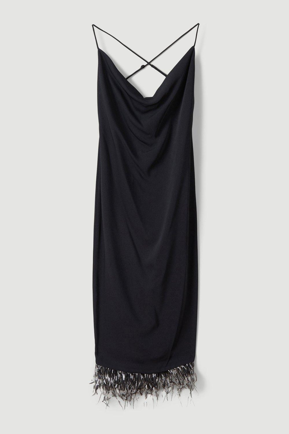 Mono Feather Hem Cowl Neck Cami Midaxi Dress | Karen Millen US