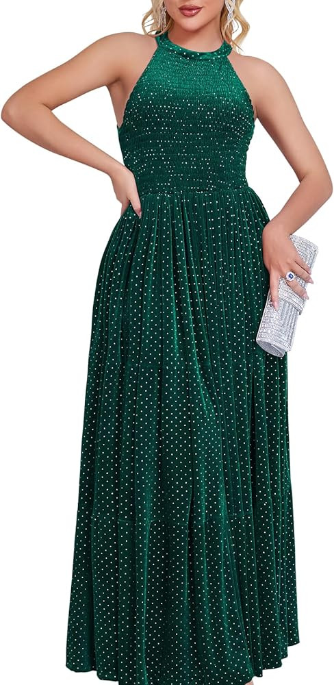 Women's Spring Formal Long Dress Halter Neck Velvet Sleeveless A-Line Maxi Gowns Wedding Guest Pa... | Amazon (US)