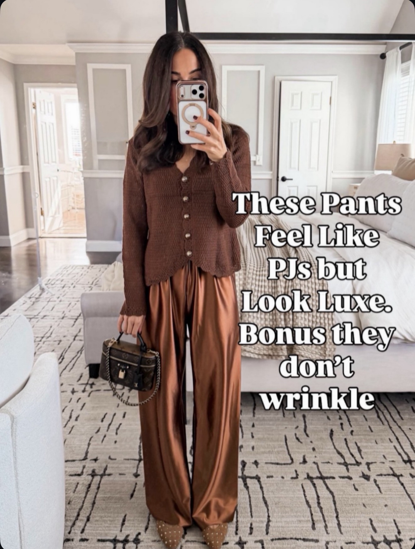 These pants feel like PJs but look luxe—and they don’t wrinkle (a win!) 🤎 🔗⬇️

#LTKSeasonal #LTKOver40 #LTKHoliday