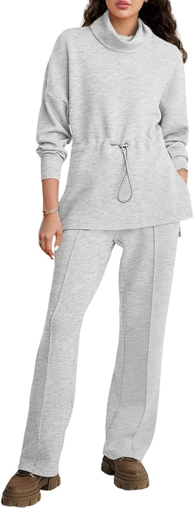 Fisoew Women's 2 Piece Outfits Sweatsuit Long Sleeve Turtleneck Sweatshirts and Wide Leg Sweatpan... | Amazon (US)