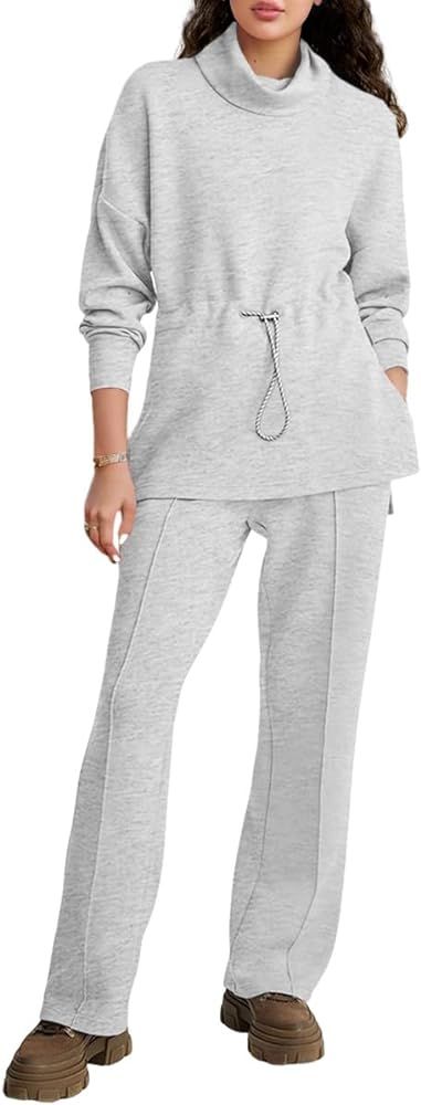 Fisoew Women's 2 Piece Outfits Sweatsuit Long Sleeve Turtleneck Sweatshirts and Wide Leg Sweatpan... | Amazon (US)