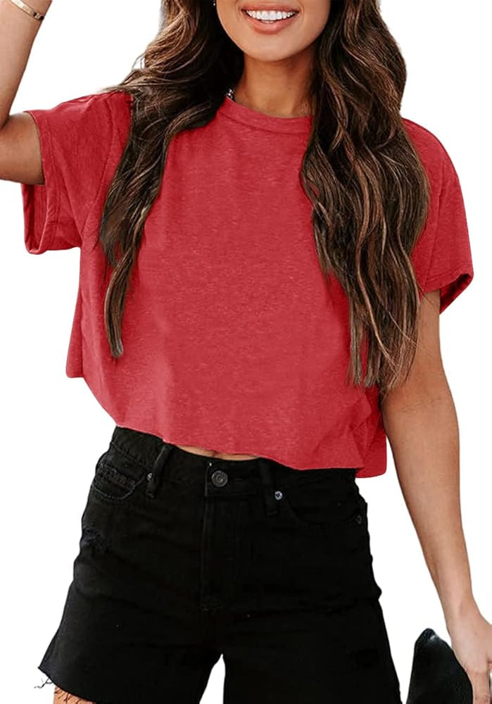 Tankaneo Women Short Sleeve Cropped T-Shirts Crew Neck Loose Crop Tops Summer Casual Drop Shoulde... | Amazon (US)